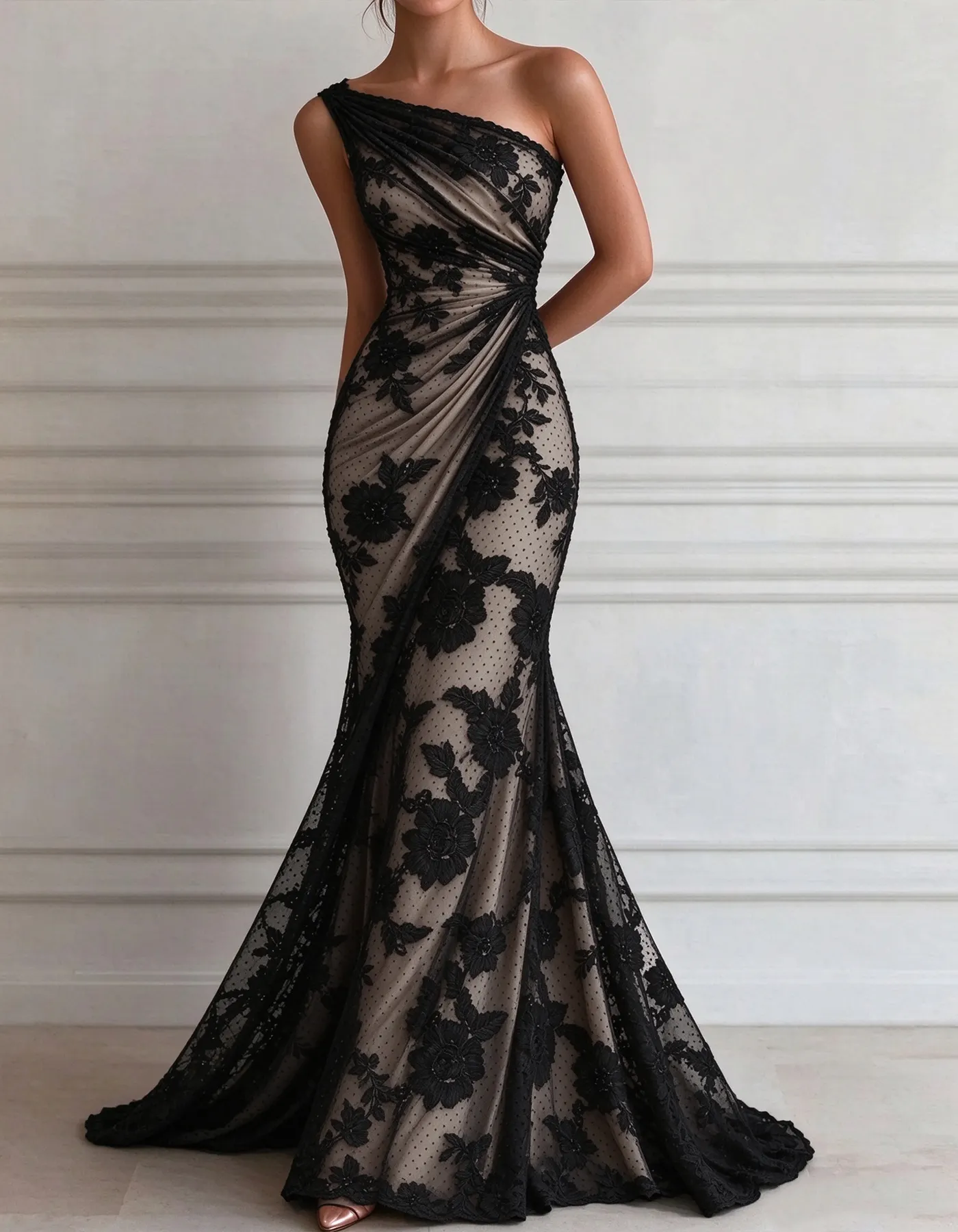 Black Lace One Shoulder Mermaid Style Maxi Dress