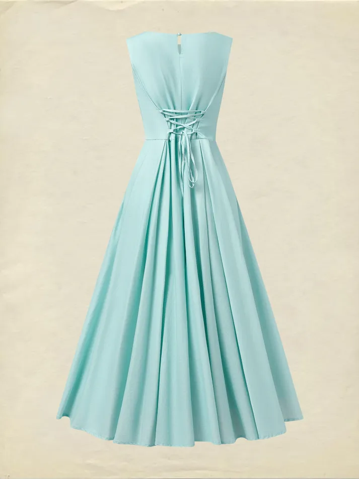 Maxi Linen Dress , Sleeveless, Round Neck, Feather Pattern, Pocket Design, Vintage, Sky Blue