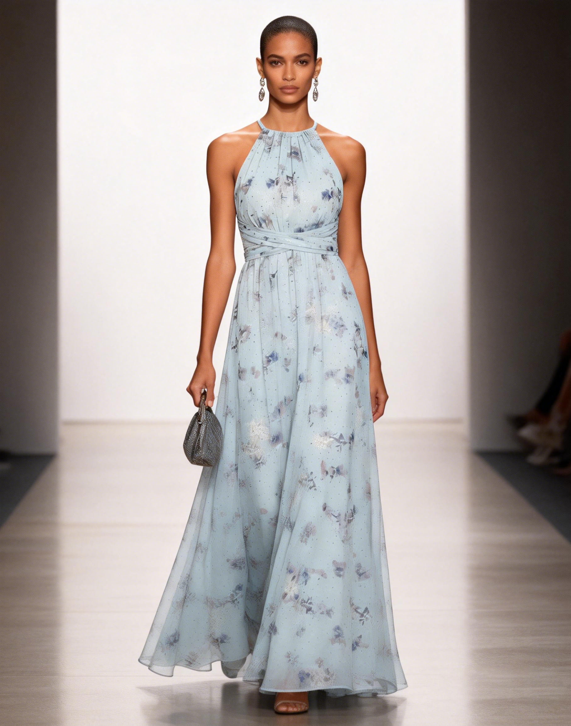 Light Blue Stamped Bronzing Jacquard Floral Chiffon Halter Sleeveless A-Line Maxi Dress