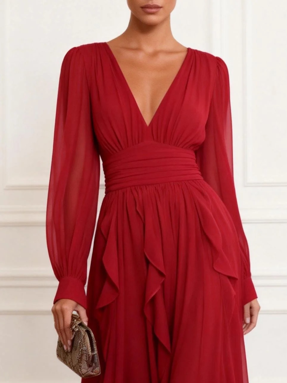 Red Ruffled Chiffon V Neck Long Sleeve Puff Sleeve A-Line Gown Dress