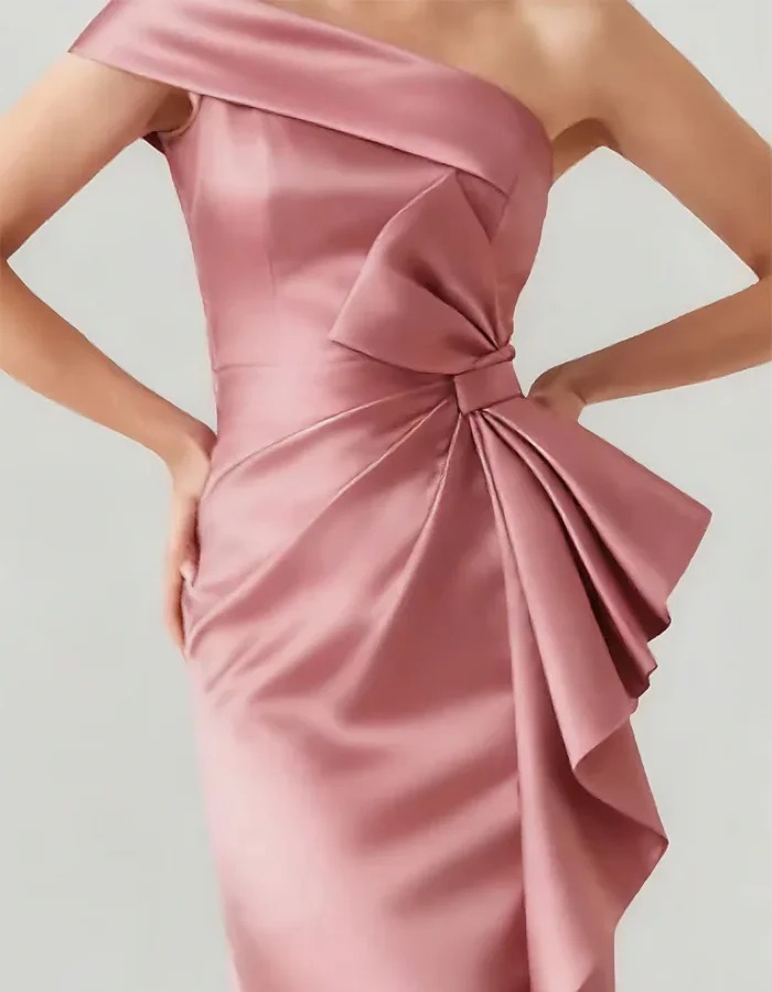 Pink One-Shoulder Bow-Tie Satin Maxi Dress