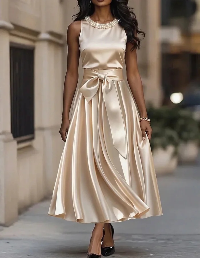 Champagne Satin Pearl Embellished Midi Dress
