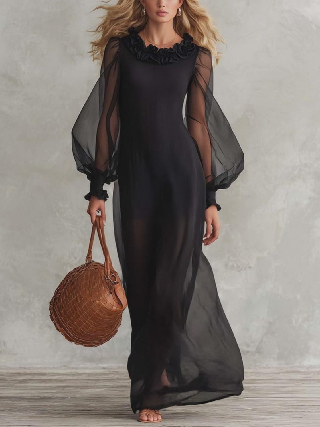 Elegant Black Sheer Mesh Ruffle-Neck Long-Sleeve Cotton-Lined Maxi Dress