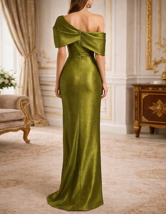 Solid Color Metallic Satin Off Shoulder Maxi Dress