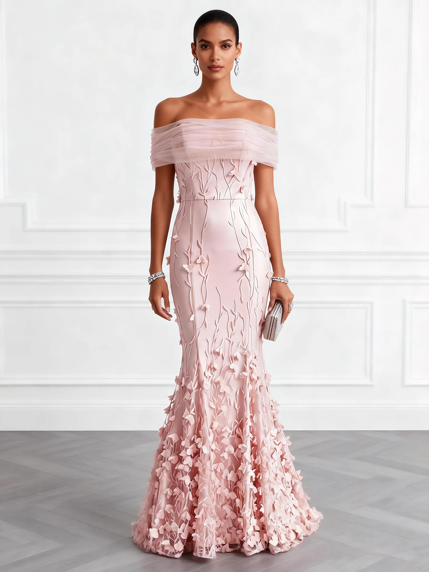Light Pink 3D Floral Embroidery Classic Off The Shoulder Short Sleeve Mermaid Gown Dress