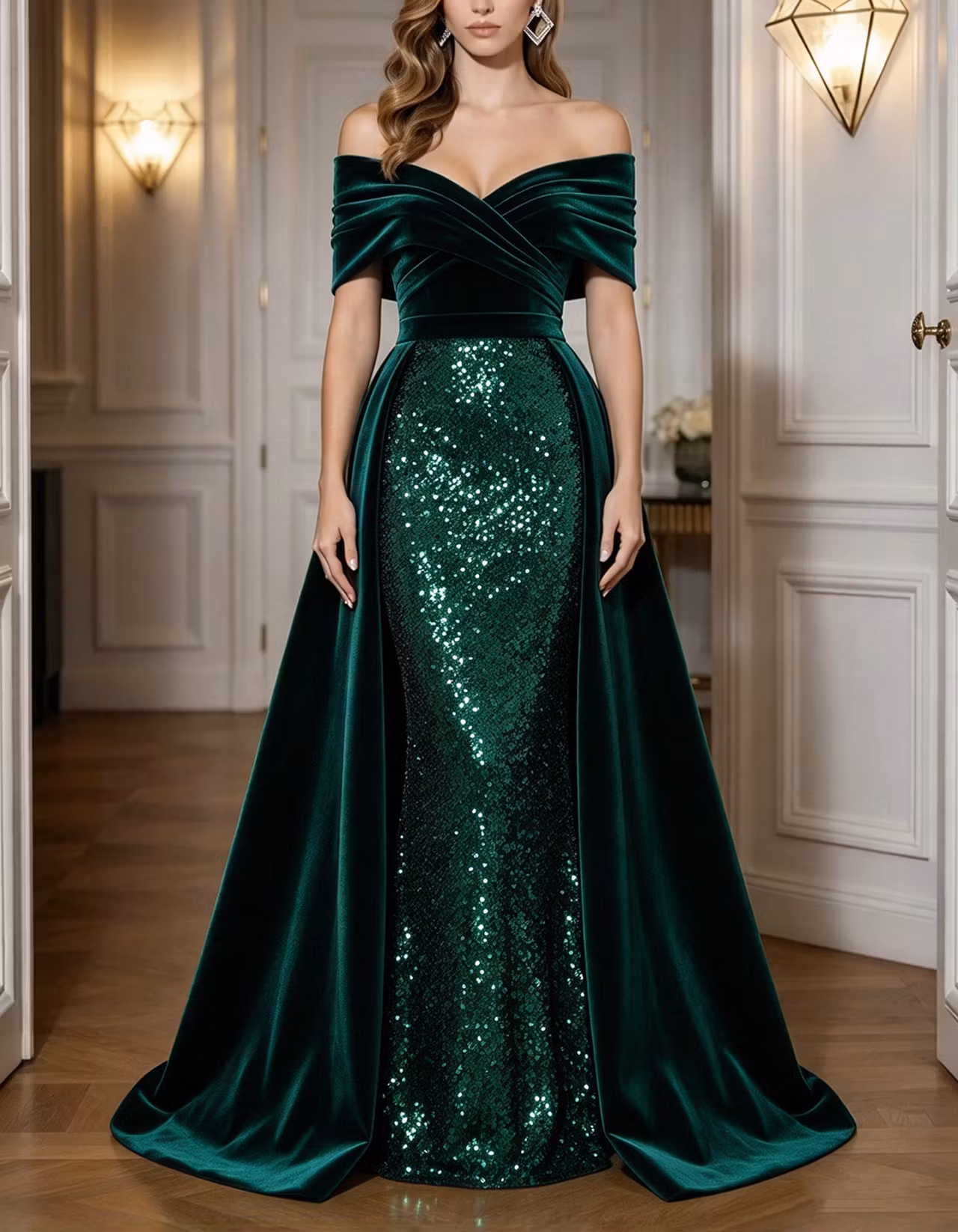 Burgundy Off-the-Shoulder Velvet & Sequin Mermaid Maxi Dress