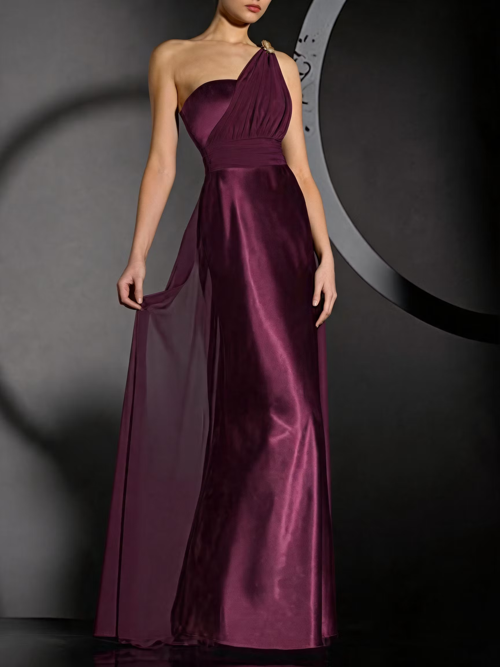 Plum One-Shoulder Ruched Satin & Chiffon Maxi Dress