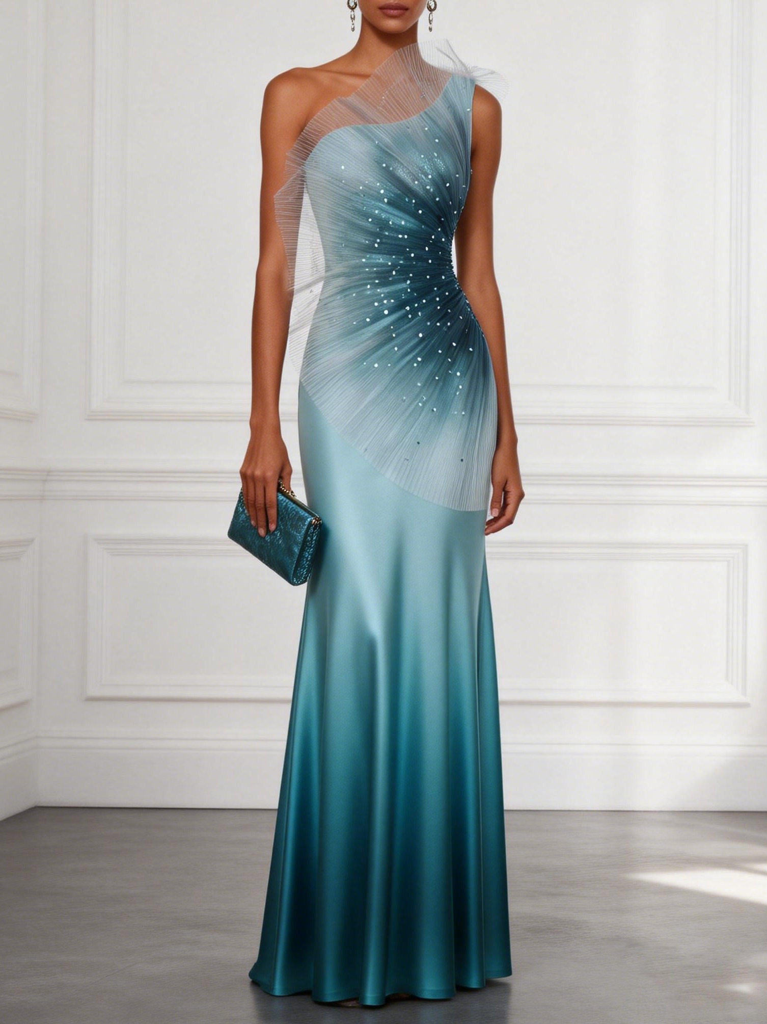 Glitter Pleated Satin One Shoulder Sleeveless Mermaid Gown Dress