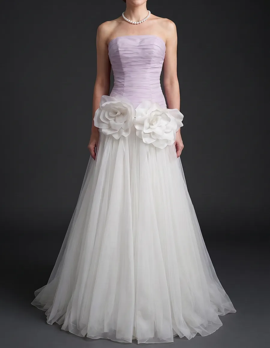 Chiffon Strapless Mesh 3D Floral Cinched Waist Maxi Dress