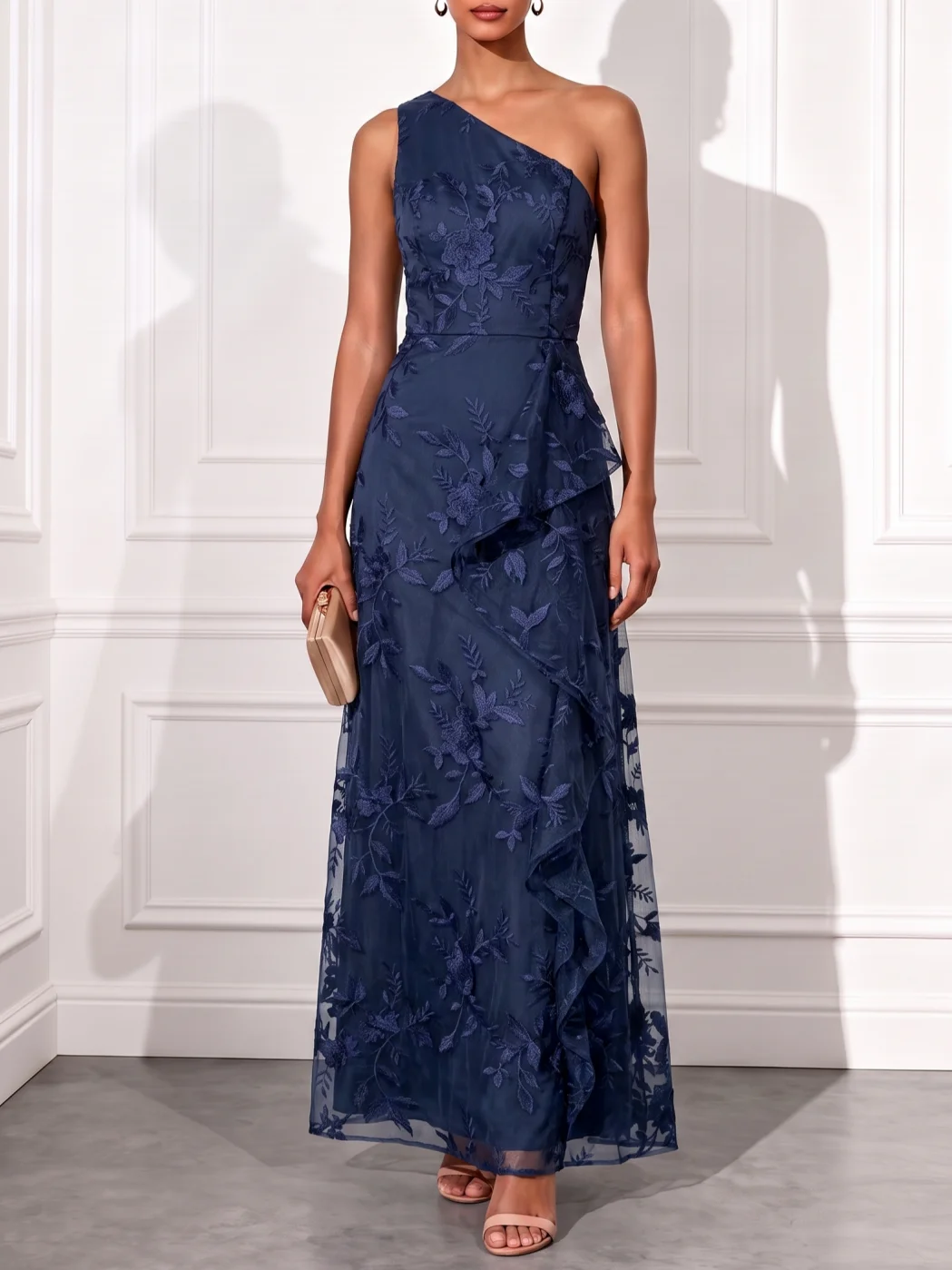 Navy Blue Jacquard Ruffled Lace One Shoulder Sleeveless A-Line Maxi Dress