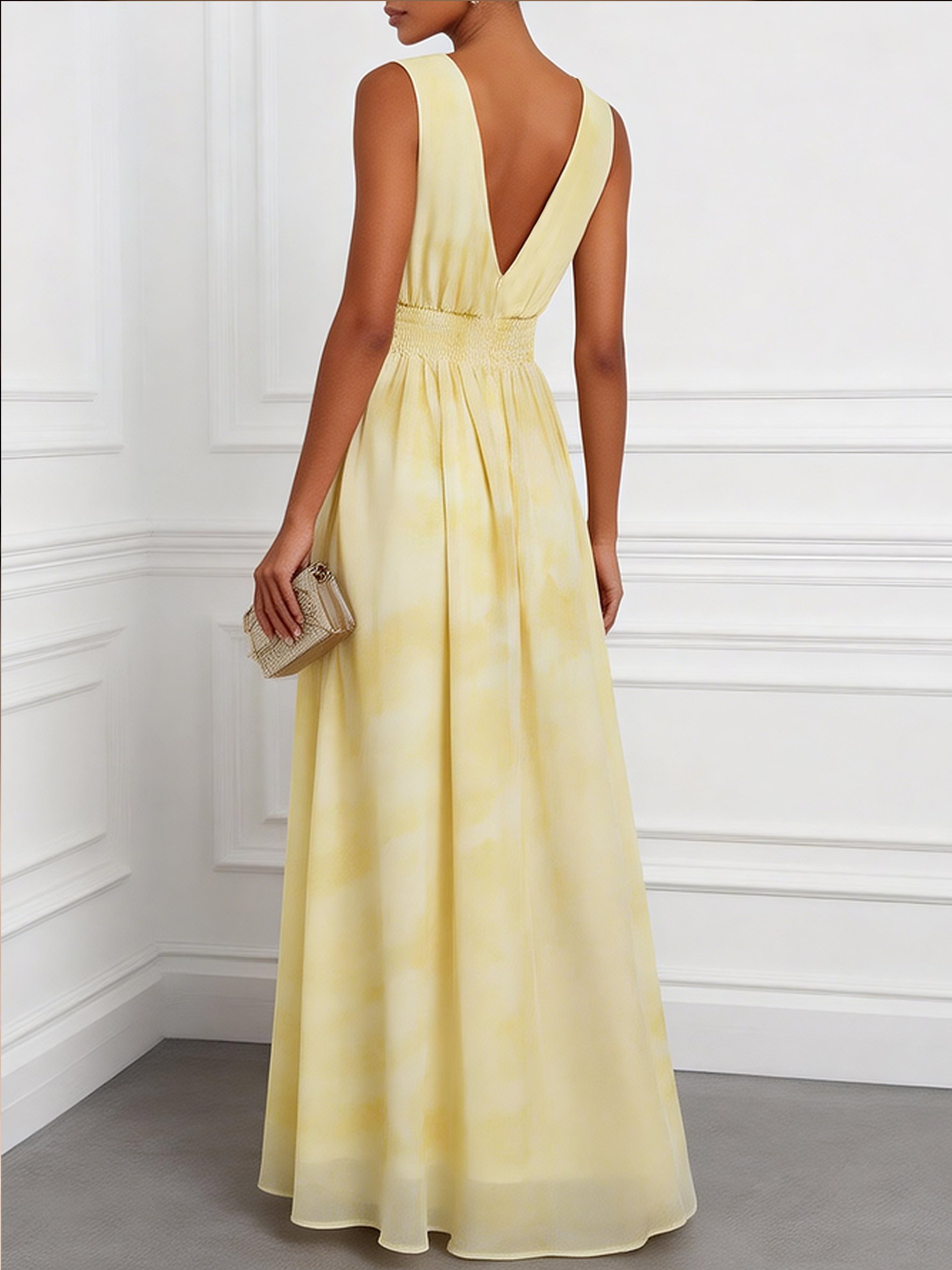 Yellow Woven Chiffon V Neck Sleeveless A-Line Maxi Dress