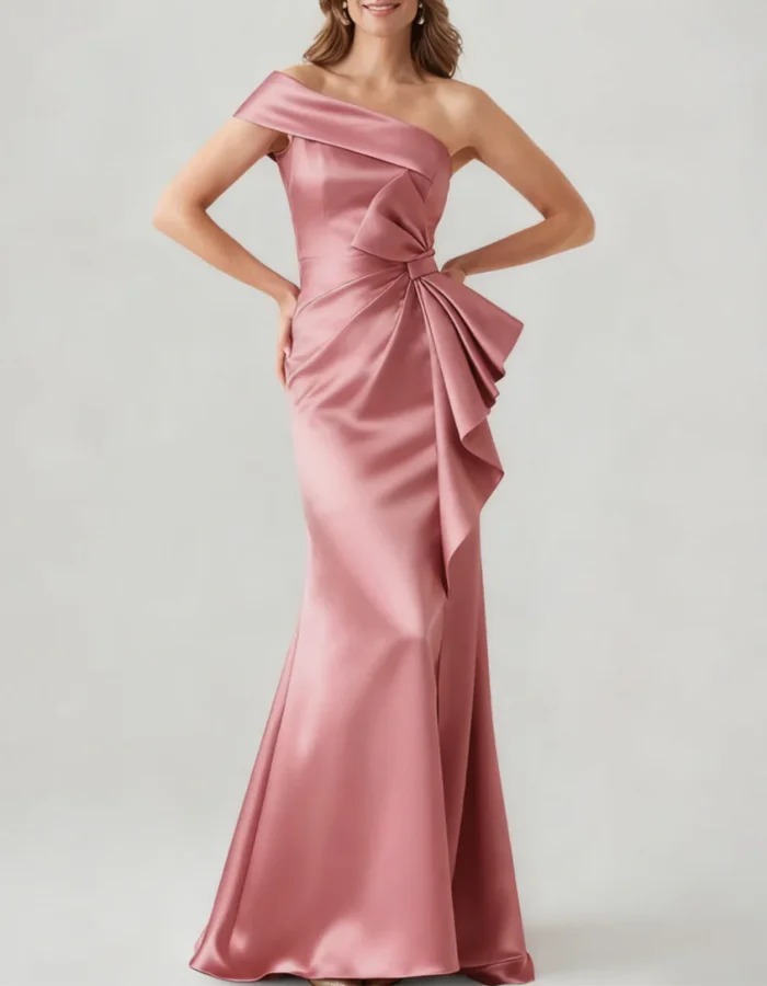 Pink One-Shoulder Bow-Tie Satin Maxi Dress