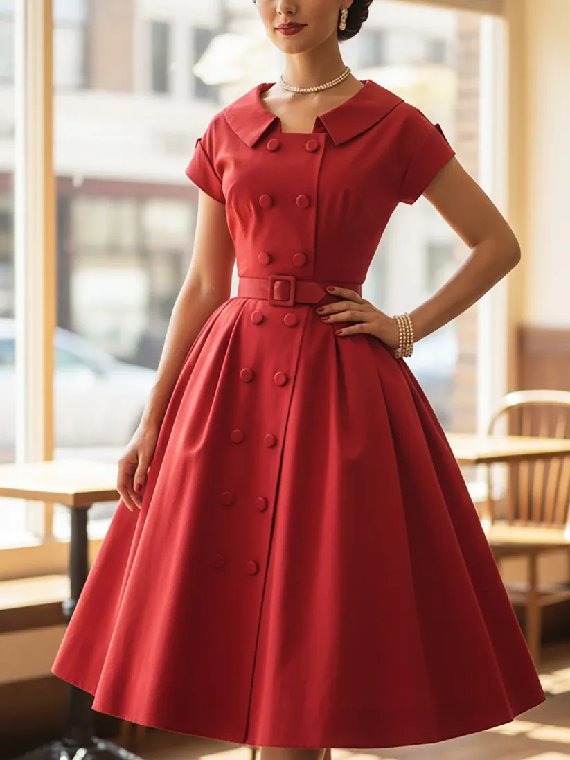 Midi Cotton Dress, Short Sleeves, Shawl Collar, Button Design, Vintage, Red