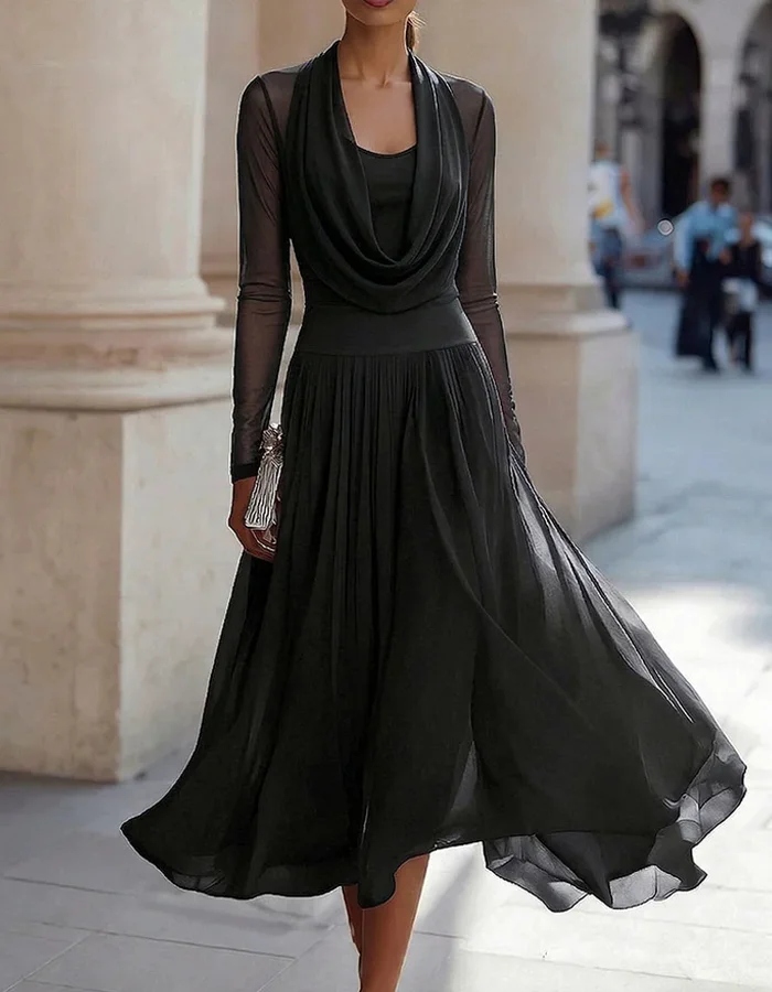 Draped-neck Chiffon Midi Dress