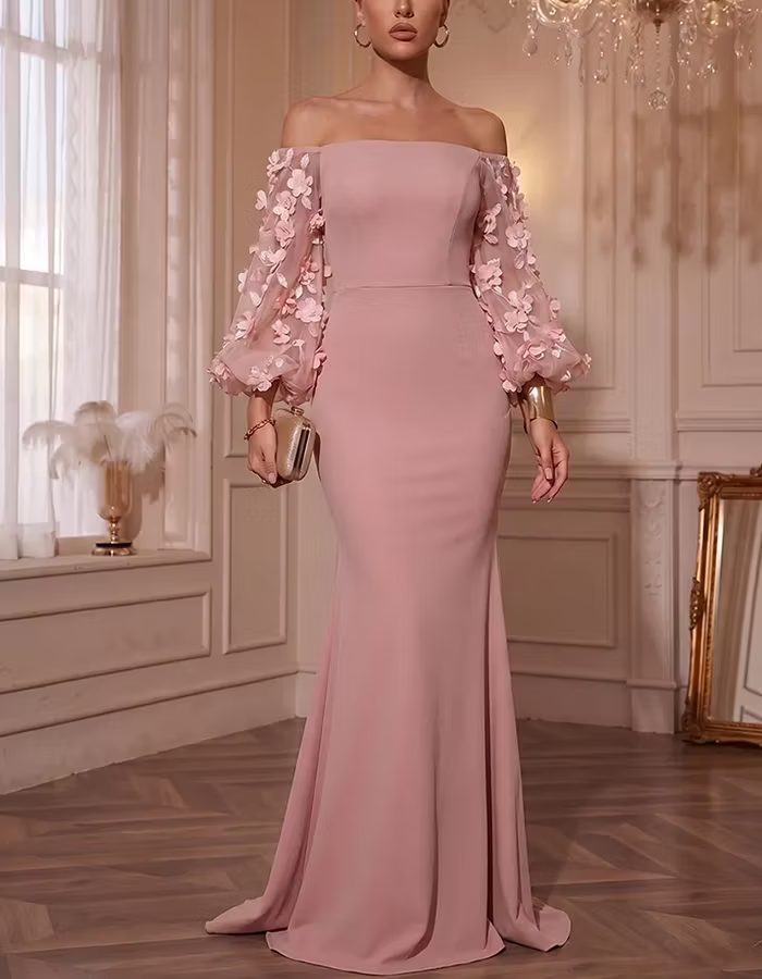 Mauve Pink Off Shoulder 3D Flower Sheer Puff Sleeve Maxi Dress