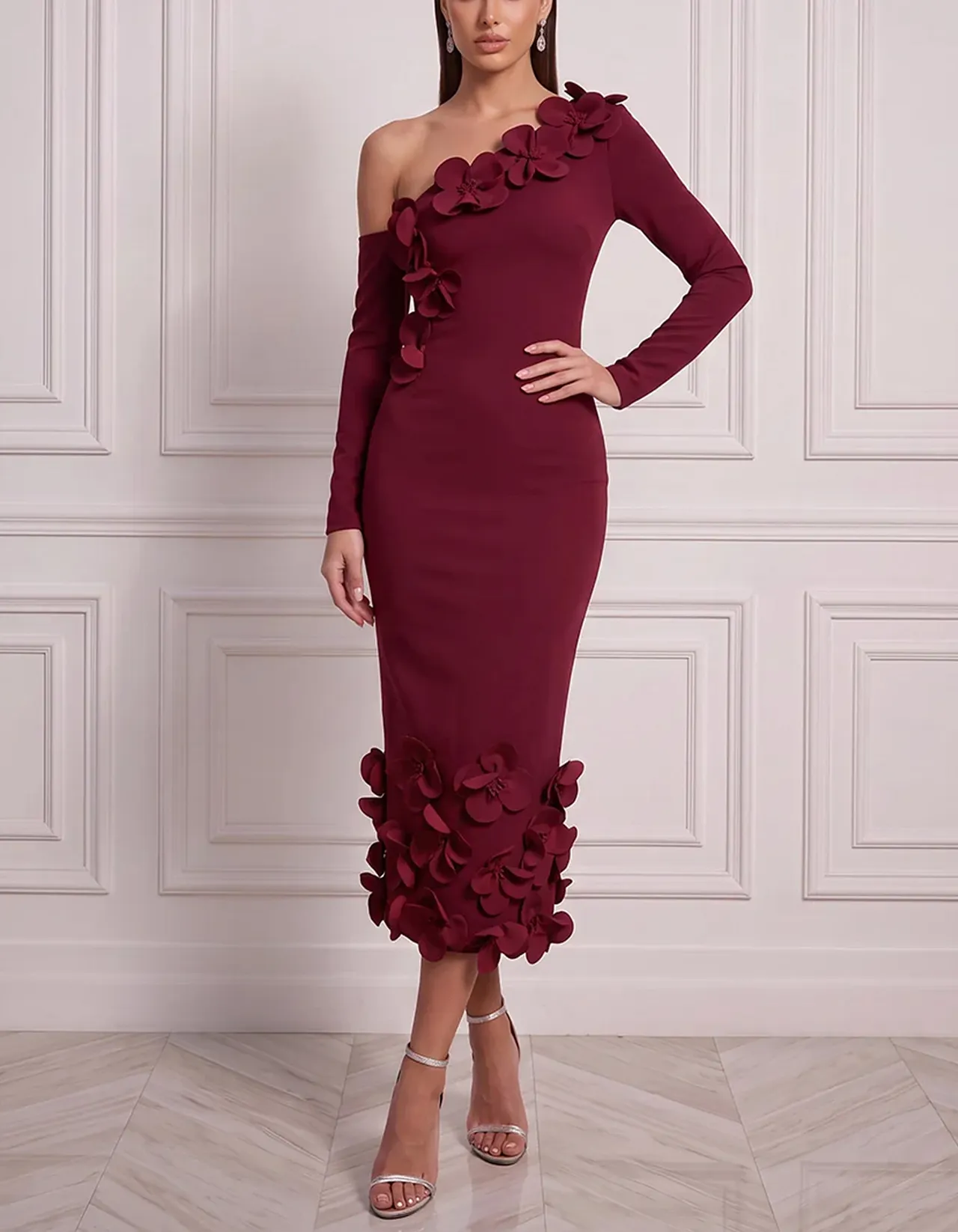 One Shoulder Cold Shoulder Long Sleeve 3D Floral Midi Dress