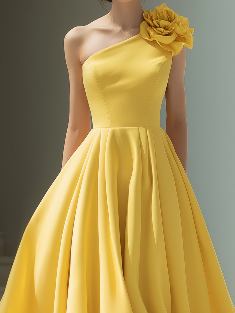 Yellow One-Shoulder Floral-Embellished Midi Dress