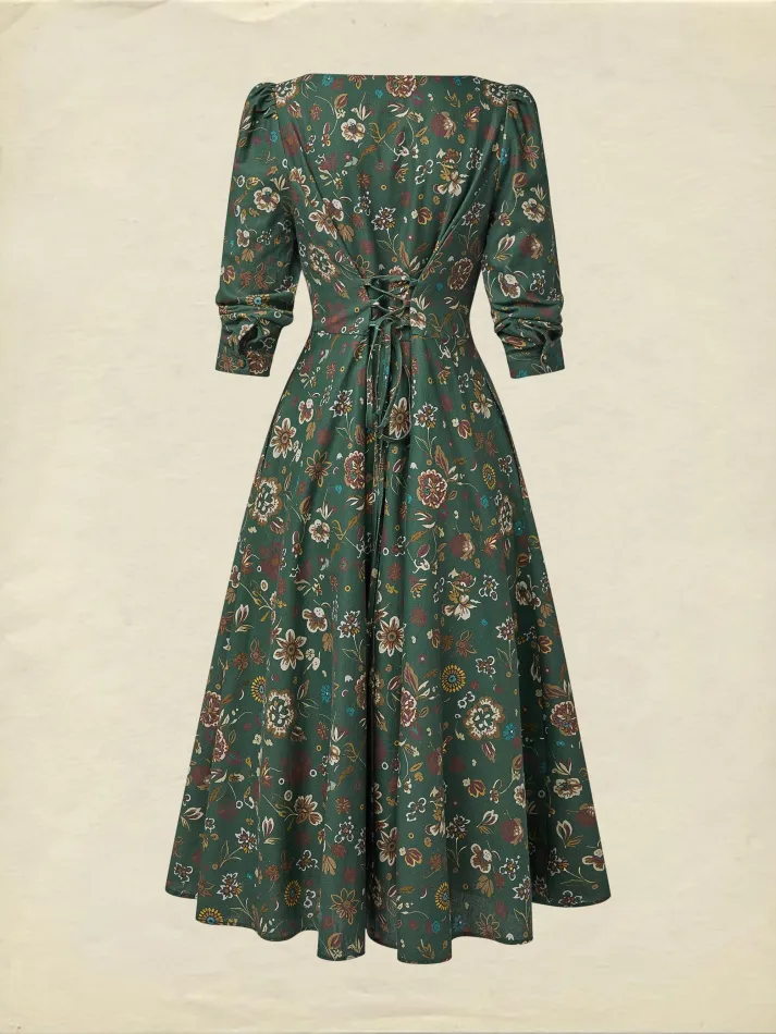 Midi Linen Dress, Long Sleeves, Square Neck, Paisley, Vintage, Green