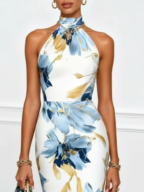 Blue Floral Satin Halter Sleeveless Sheath Midi Dress