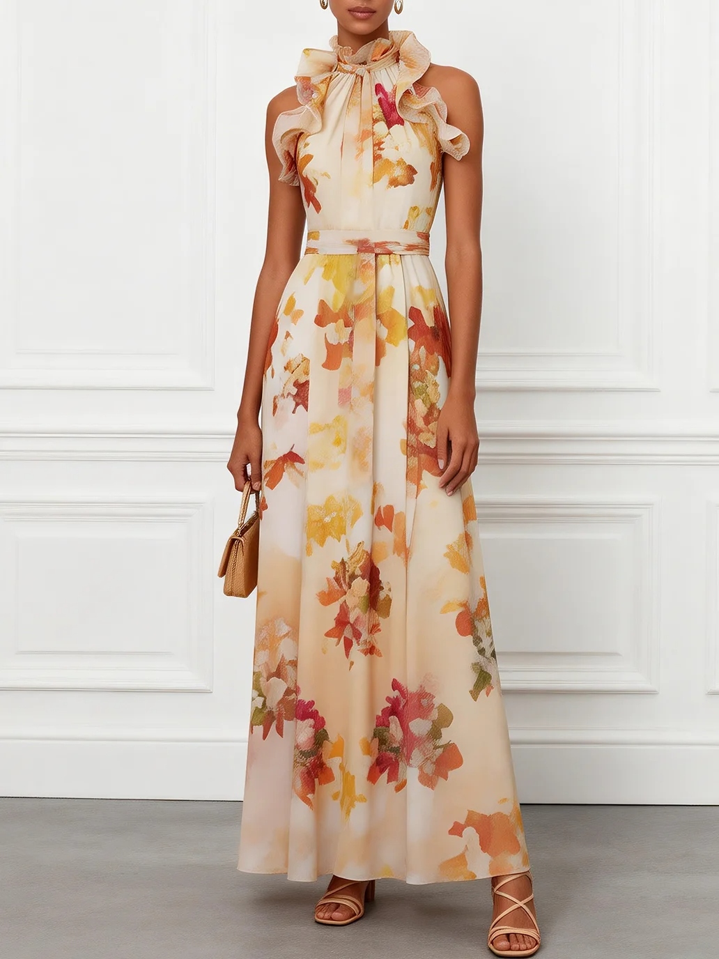 Light Orange Floral Ruffled Chiffon Mock Neck Sleeveless A-Line Maxi Dress