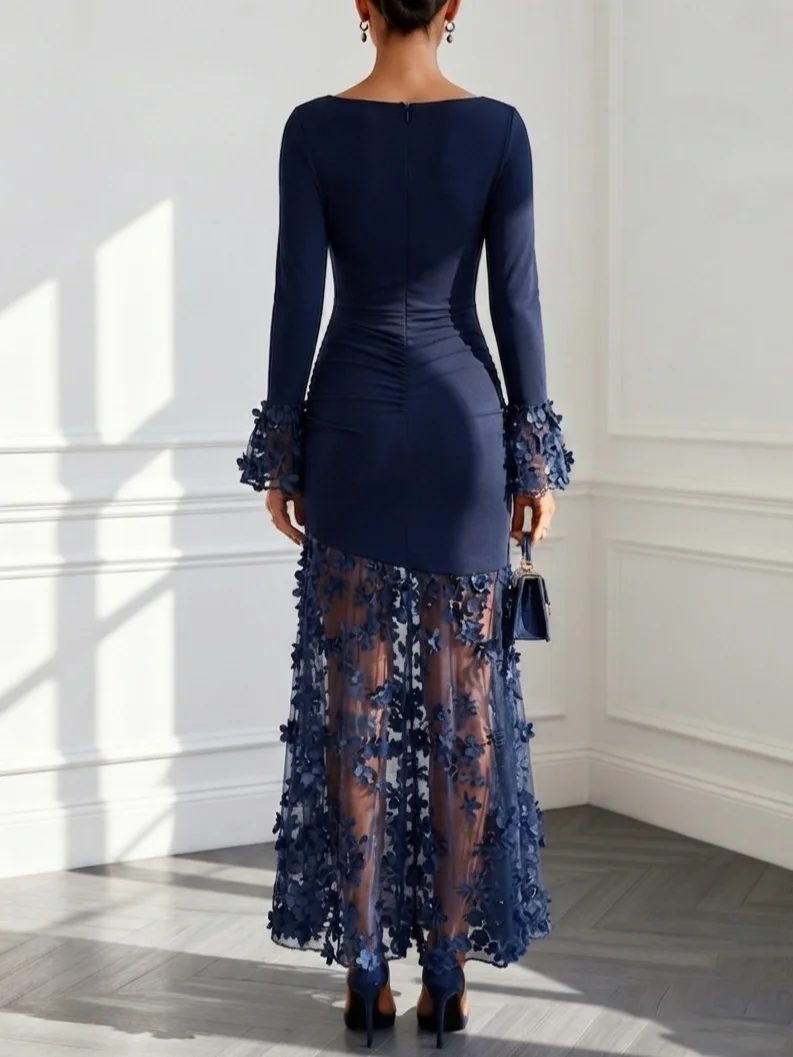 Purplish Blue 3D Floral Knit Boat Neck Long Sleeve Bell Sleeve A-Line Maxi Dress