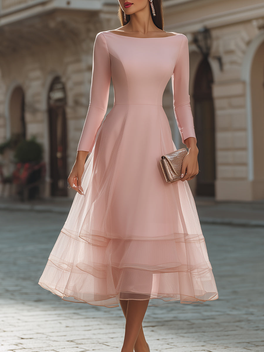 Long Sleeve Layered Midi Dress With Defined Waist