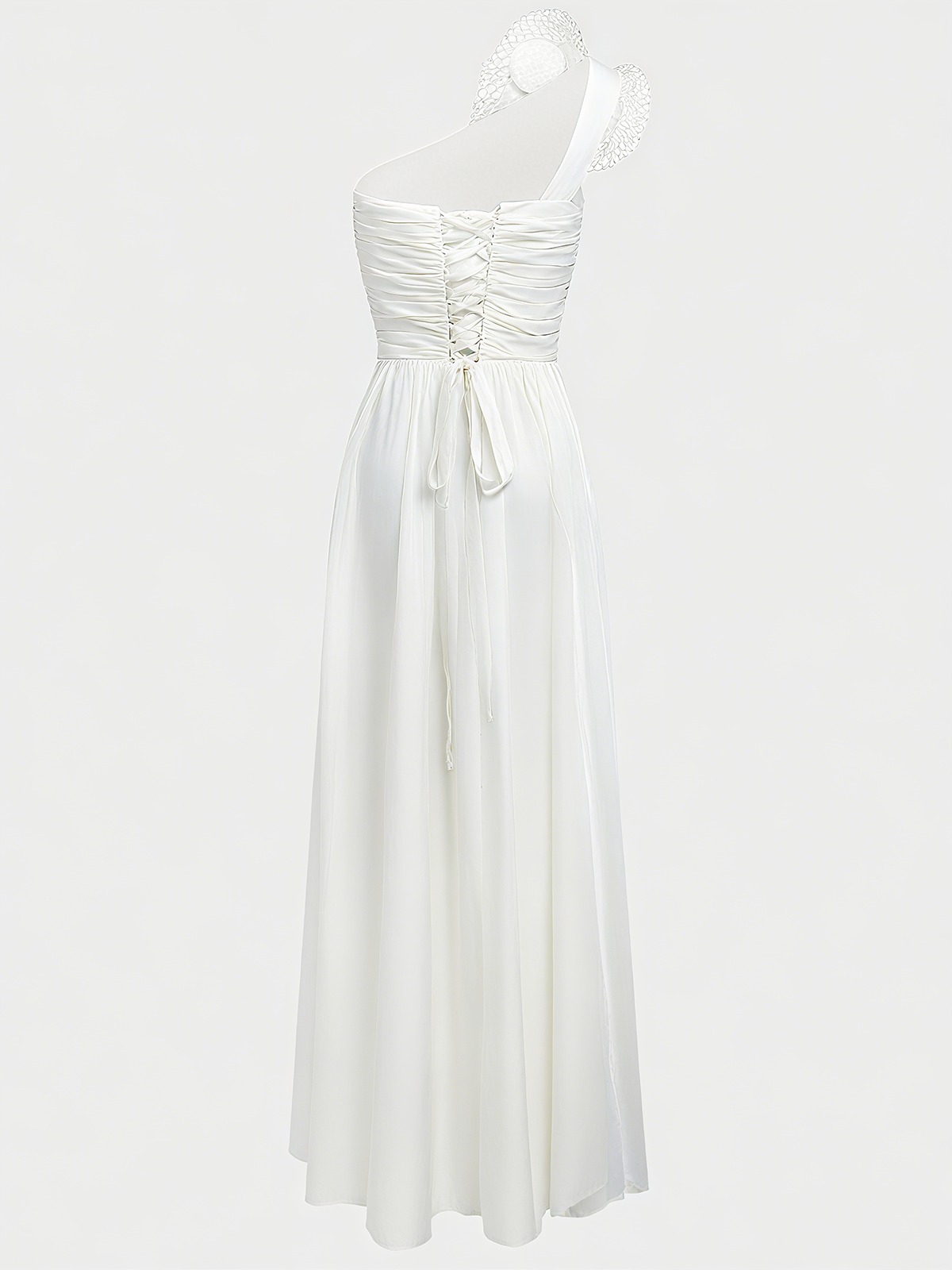 White 3D Floral Ruched Chiffon One Shoulder Sleeveless Sheath Gown Dress
