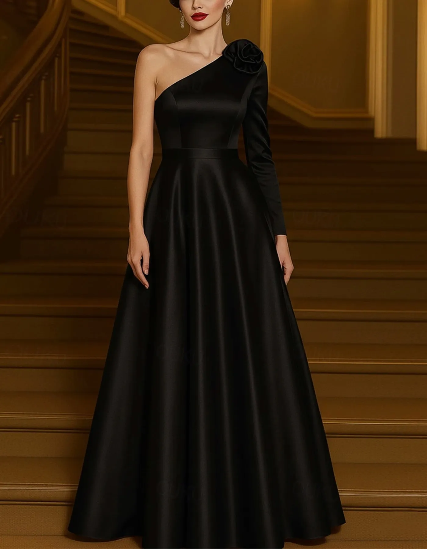 Black Satin One Shoulder With 3D Floral Detail Maxi Dress