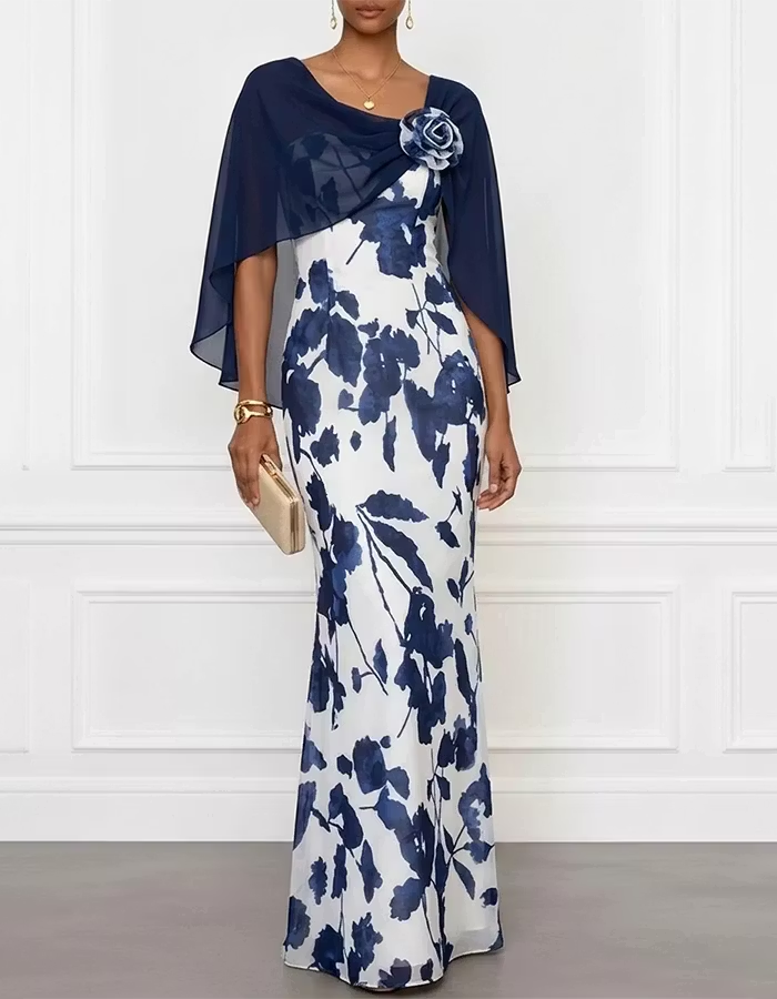 Navy Blue Floral Print Chiffon 3D Flower Maxi Dress
