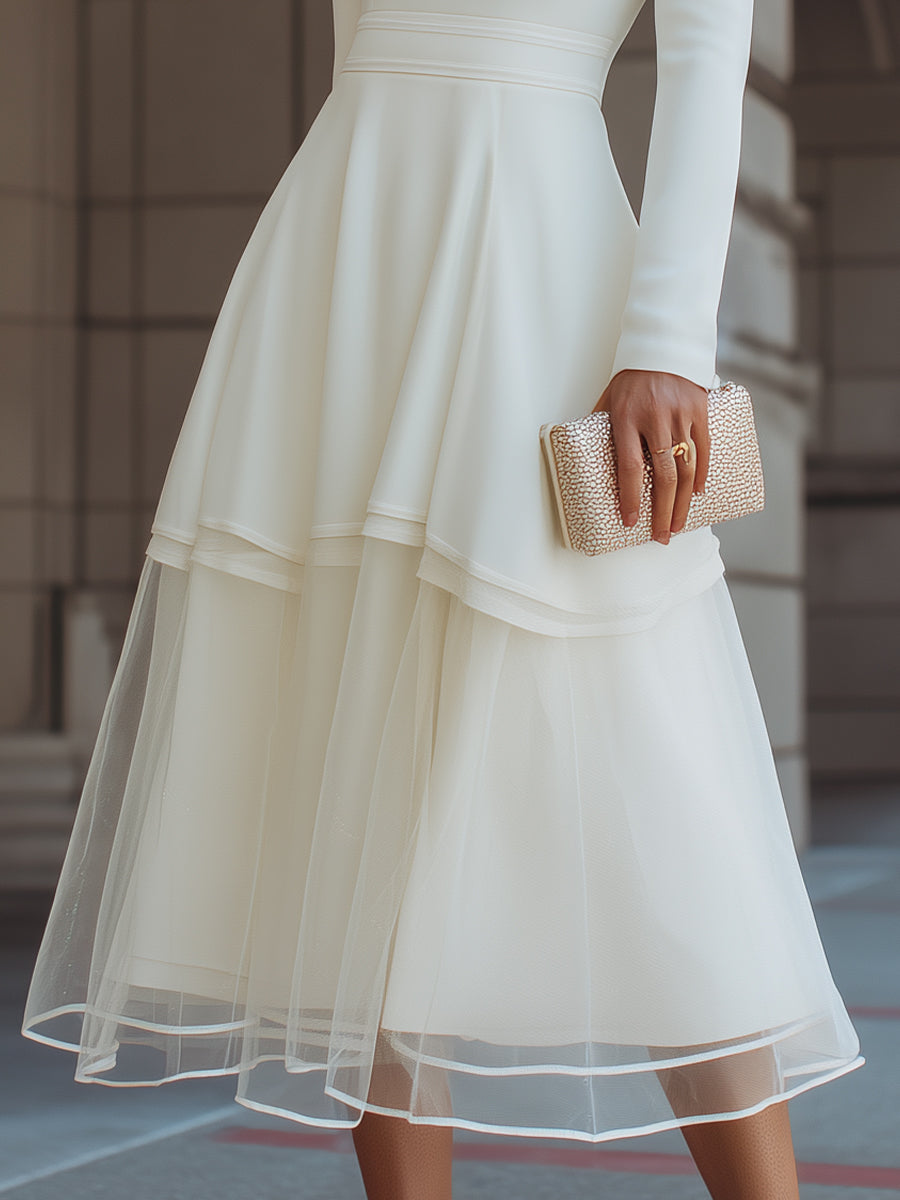 Long Sleeve Layered Midi Dress With Defined Waist