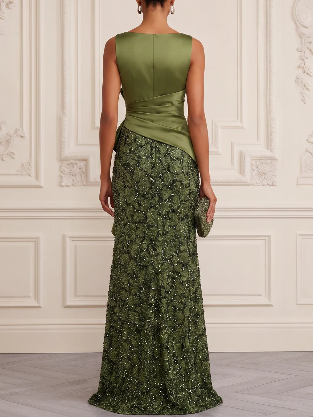 Green Ruffled Sequin Notched Sleeveless Mermaid Gown Dress