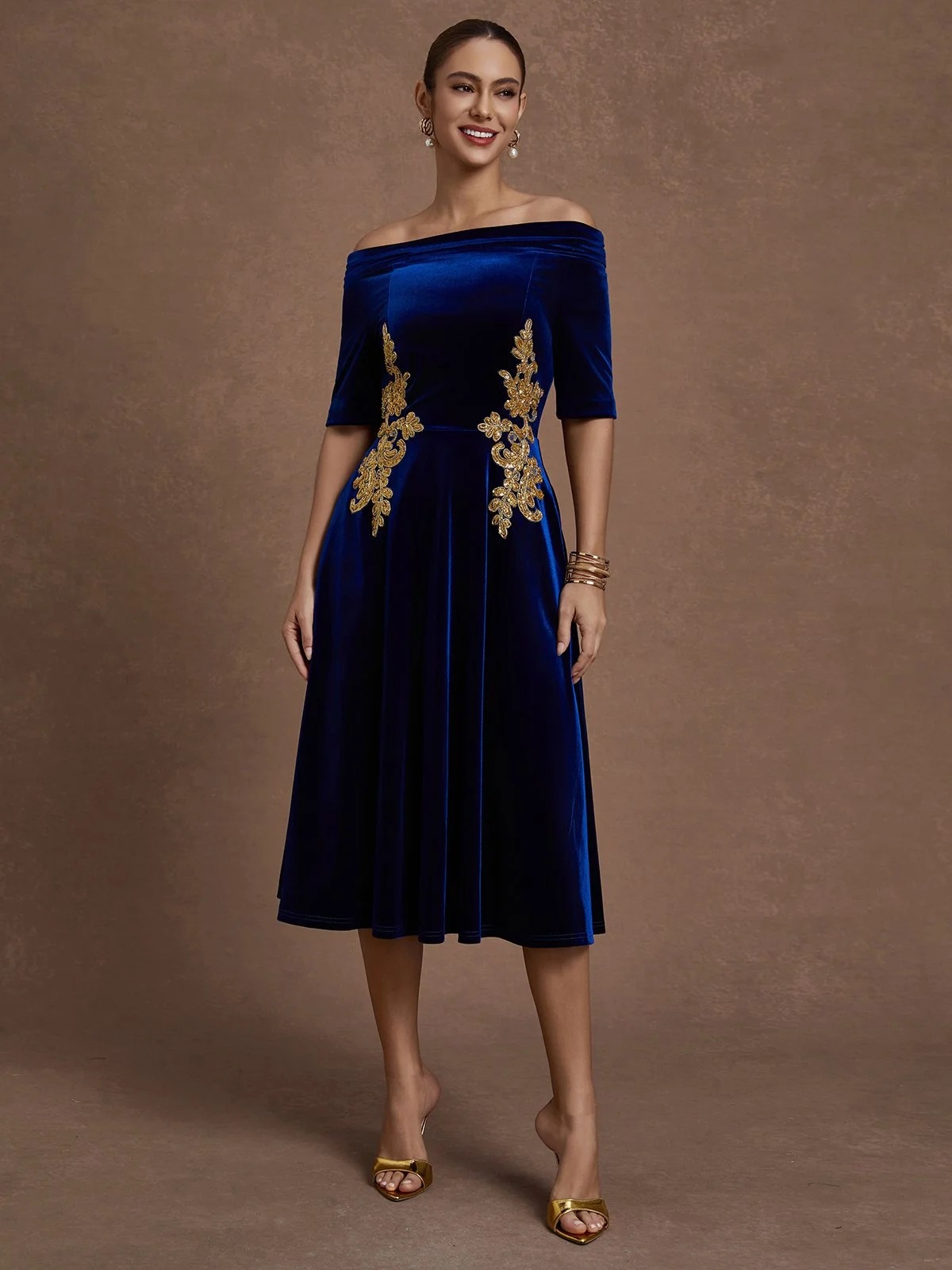 Deep Blue Applique Gathered Velvet Off The Shoulder Half Sleeve A-Line Midi Dress