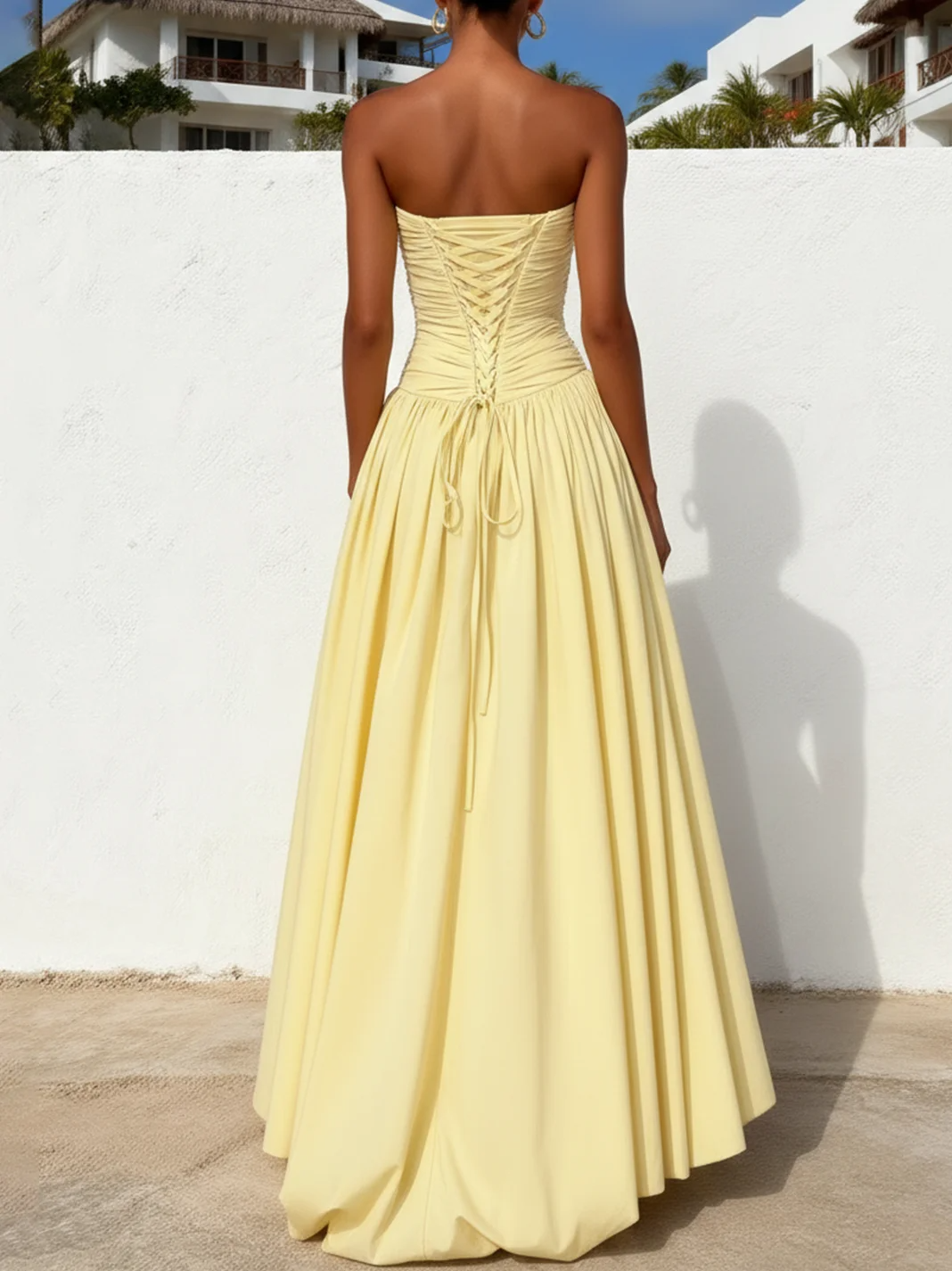 Light Yellow Ruched Classic Strapless Sleeveless A-Line Maxi Dress