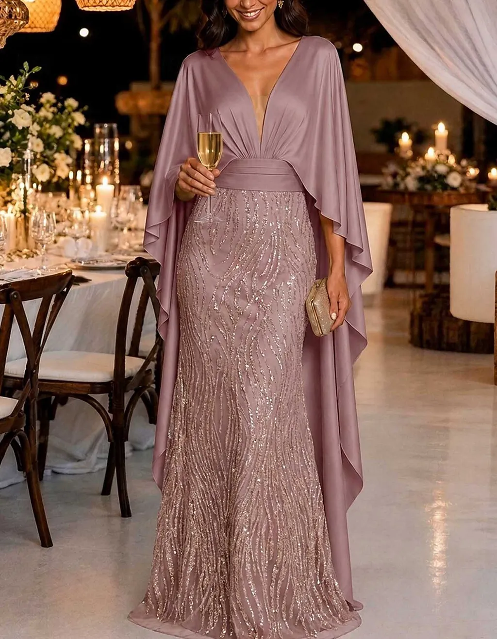 Deep V Cape Sleeve Top Sequin Wave Pattern Maxi Dress
