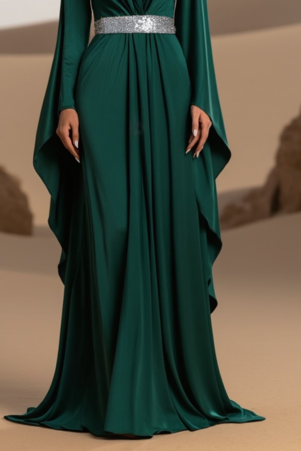 Evening Dress Green Crew Neck Belted Maxi Mother of the Bride Dress