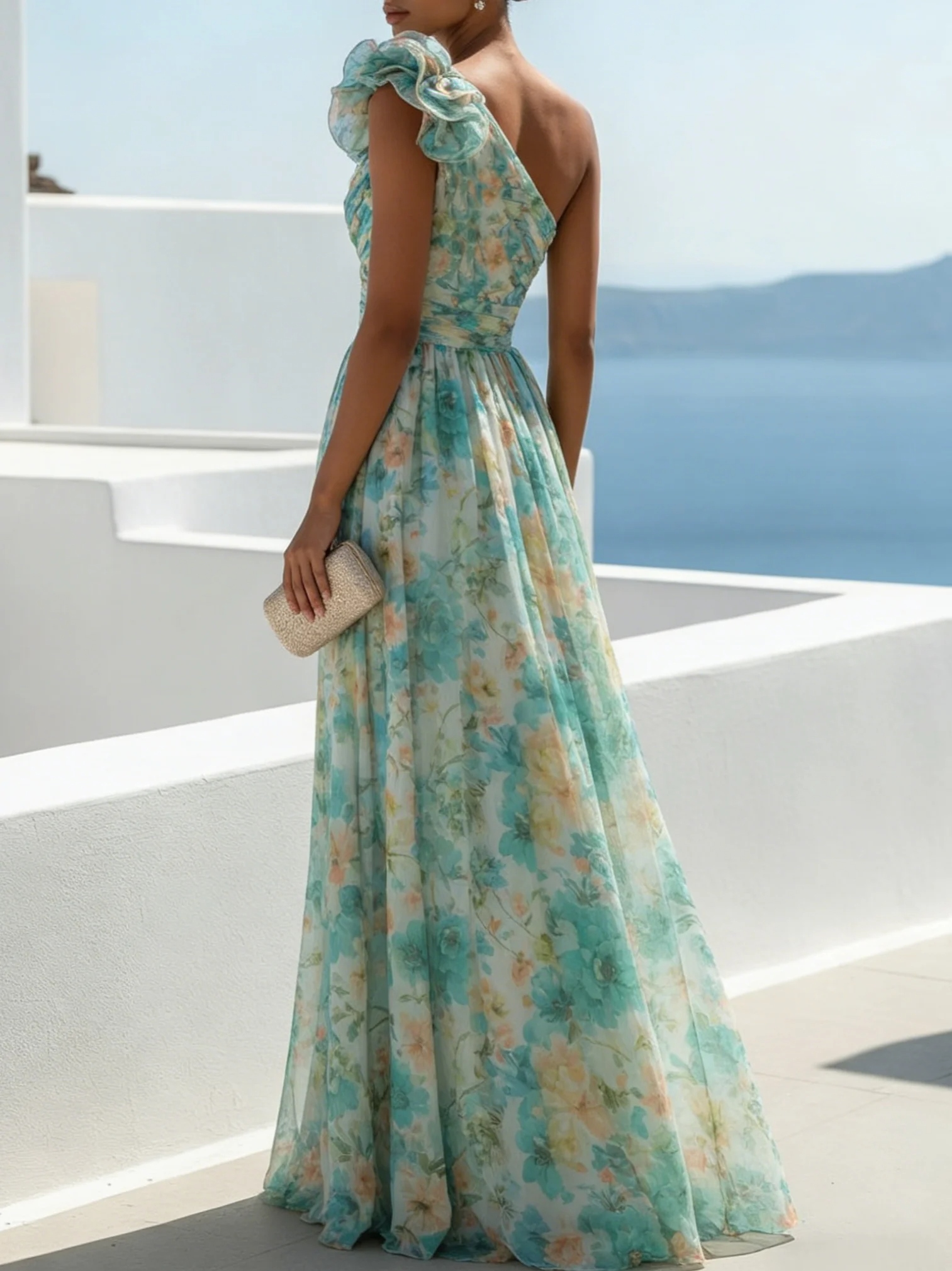 Lightgreen Floral 3D Floral Chiffon One Shoulder Sleeveless A-Line Floor-length Gown Dress