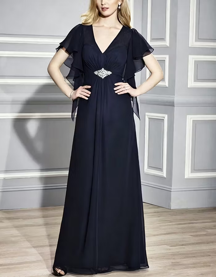 Navy Blue V-Neck Ruffled Sleeve Chiffon Maxi Dress