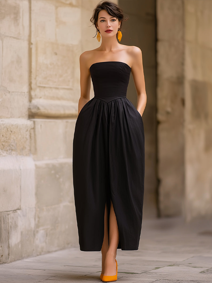 Black Elegant Strapless Structured Dress With Front Slit