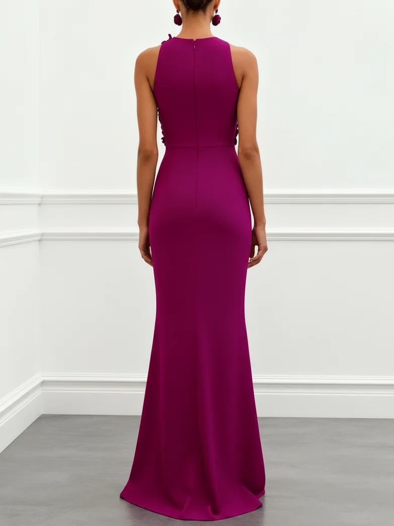 Purple 3D Floral Classic Crew Neck Sleeveless Mermaid Floor-length Gown Dress