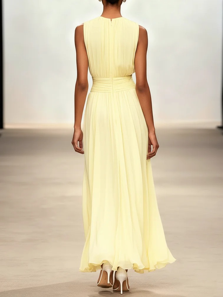 Yellow Ruched Chiffon Crew Neck Sleeveless A-Line Maxi Dress
