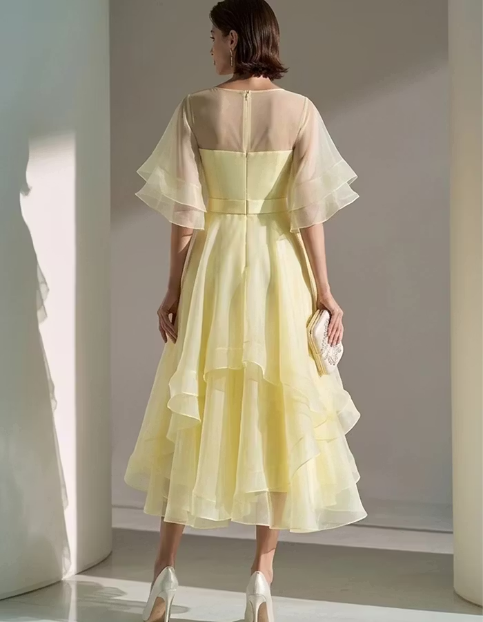 Yellow Sheer Neck Double Flutter Sleeve Tiered Organza Midi Dress