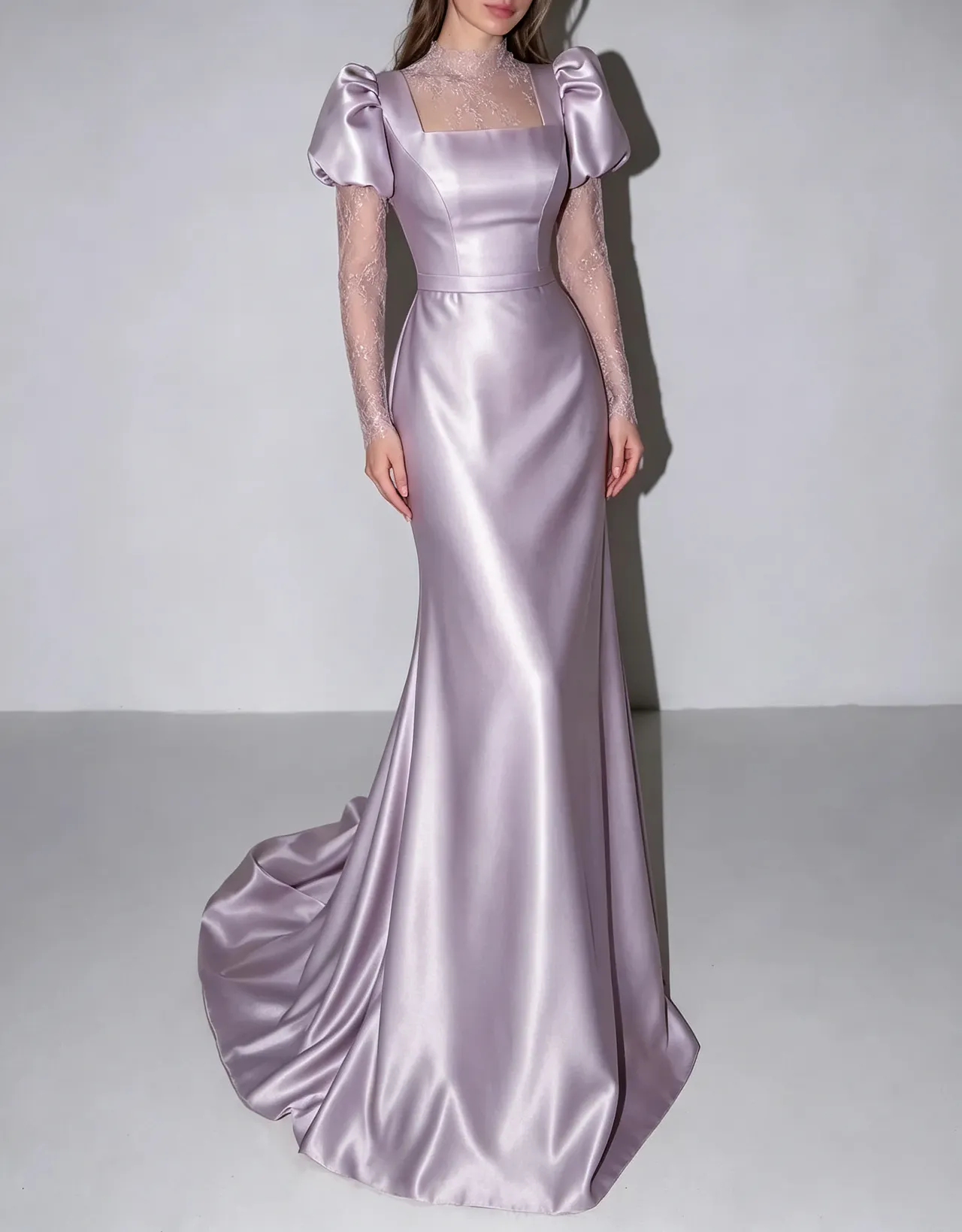 High Neck Lace Long Sleeve Satin Mermaid Evening Maxi Dress