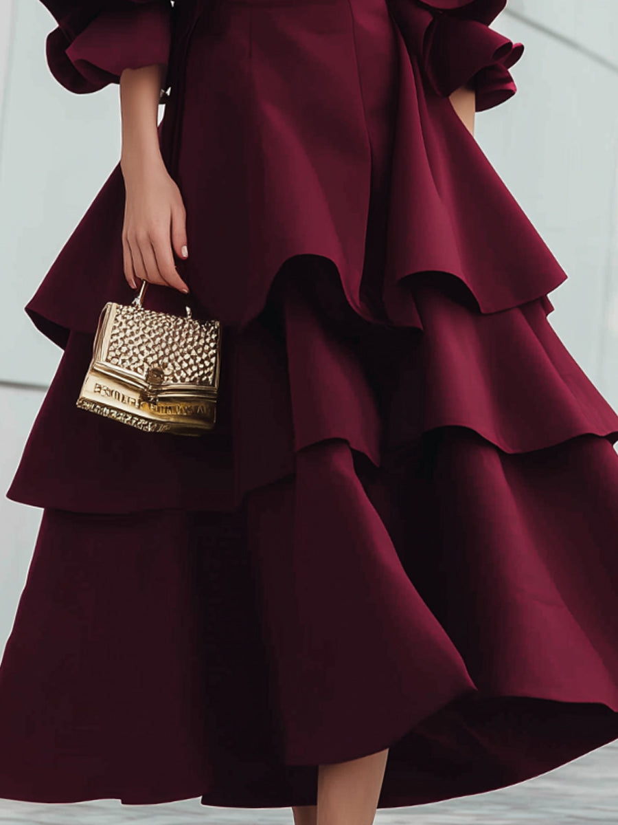 Wine Red Tiered Ruffle High Neck Midi Dress