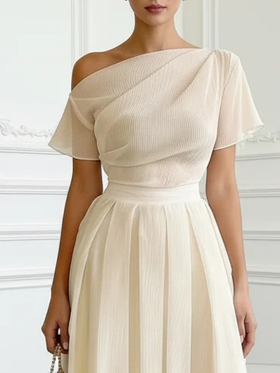 Off White Classic Off The Shoulder Short Sleeve A-Line Midi Dress