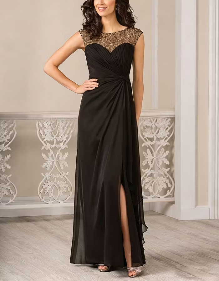 Black And Gold Lace Ruffled Chiffon Slit Maxi Dress