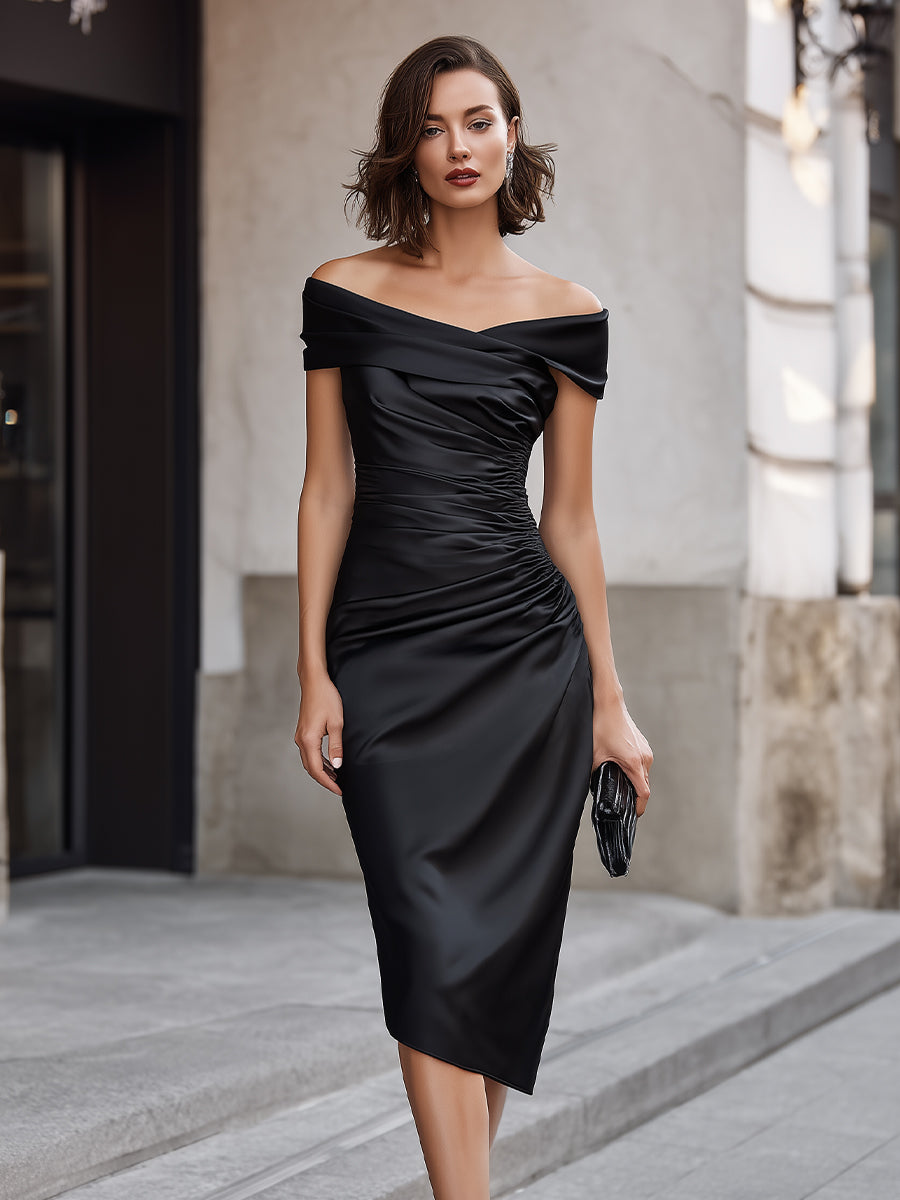 Black Off Shoulder Ruched Asymmetrical Midi Dress