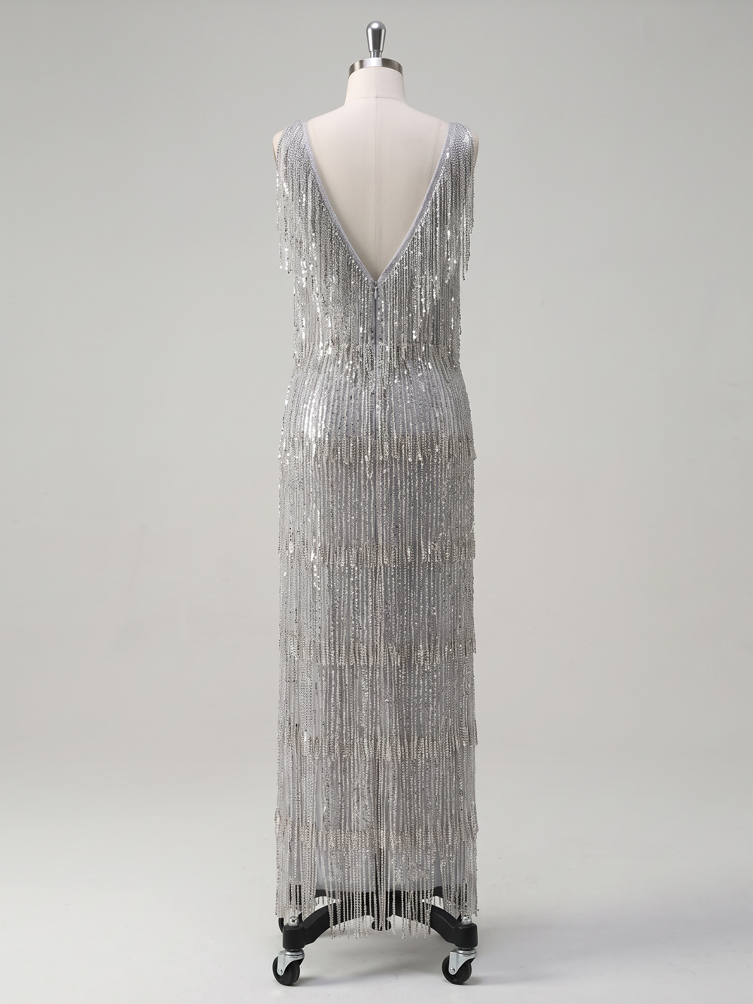 Silver Tassel Sequin V Neck Sleeveless Mermaid Maxi Dress