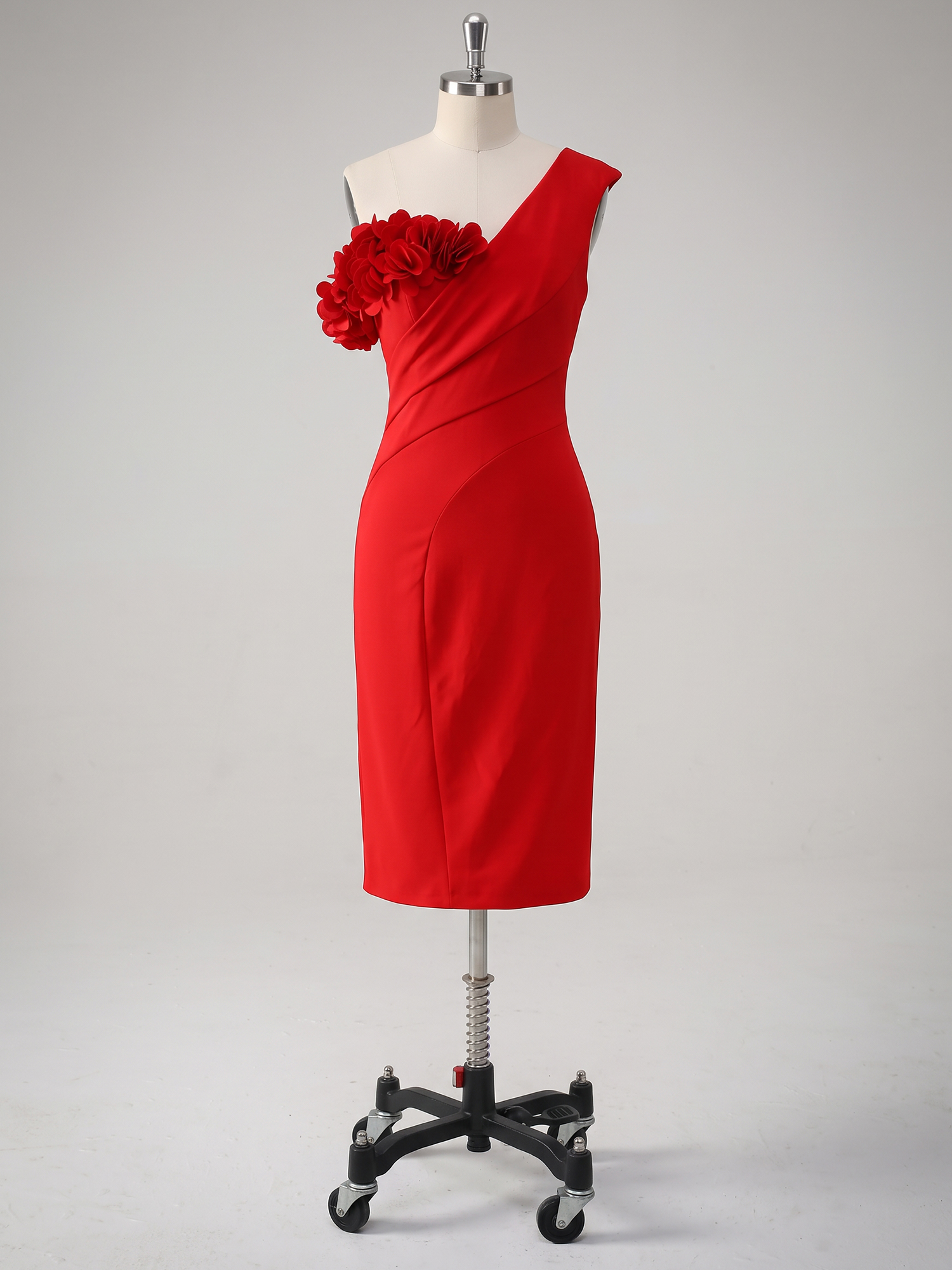 Red 3D Floral Classic Asymmetrical Sleeveless Sheath Midi Dress