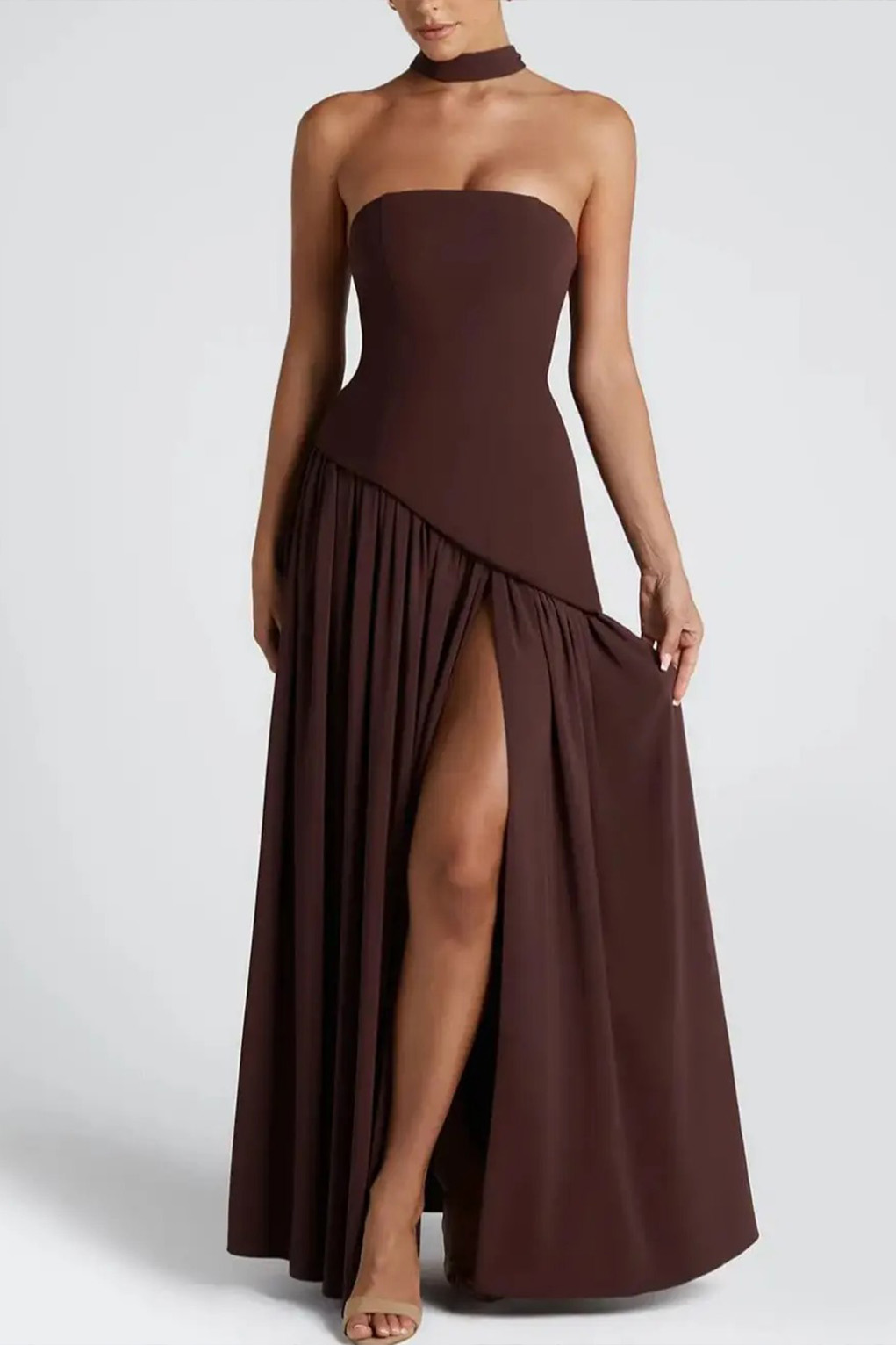 Strapless Slit Ribbon Maxi Dress