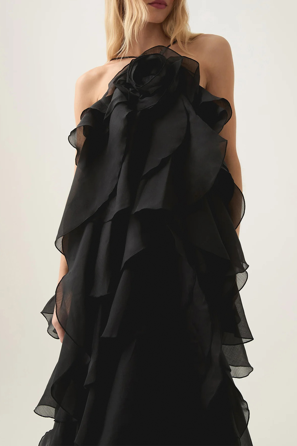 3D Flower Halter Neck Frill Maxi Dress